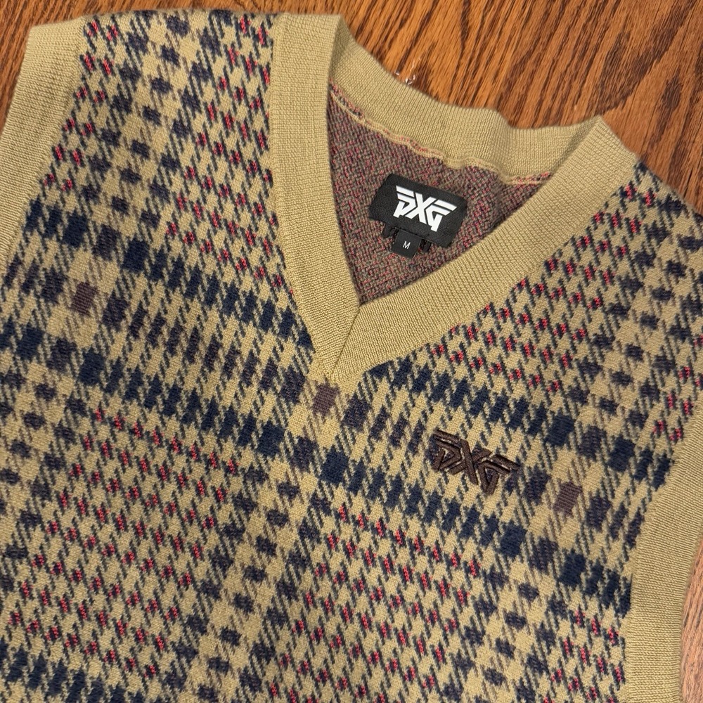 PXG Argyle Wool Blend Sweater Vest‎ Men's M Houndstooth Plaid Beige Red V Neck